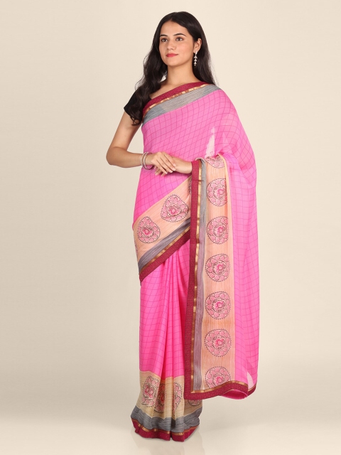 

CLAI WORLD Pink & Maroon Poly Georgette Checked Handloom Saree