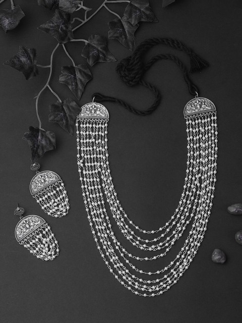 

Adwitiya Collection Oxidized Sliver-Plated Antique long Pearl layered Jewellery Set, Silver