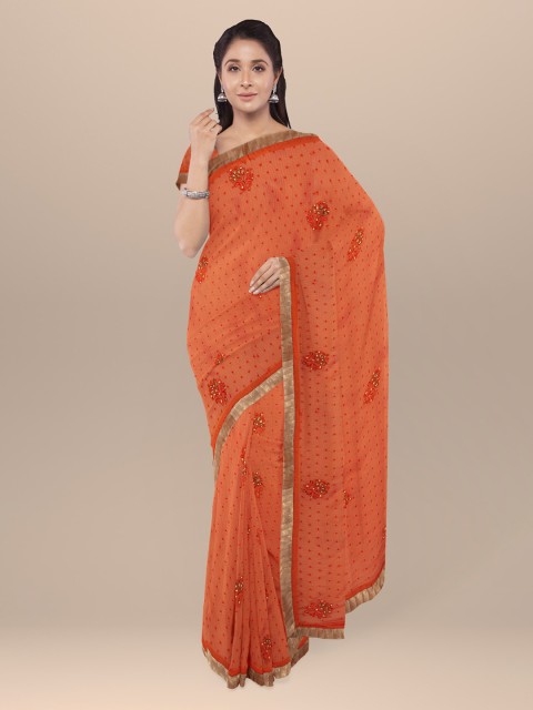 

KLM Fashion Mall Orange Embroidered Poly Georgette Saree