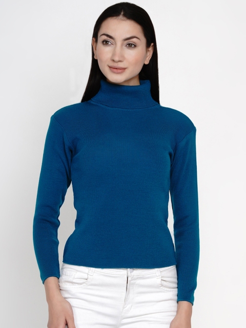 

FABNEST Women Blue Ribbed Pullover Sweater