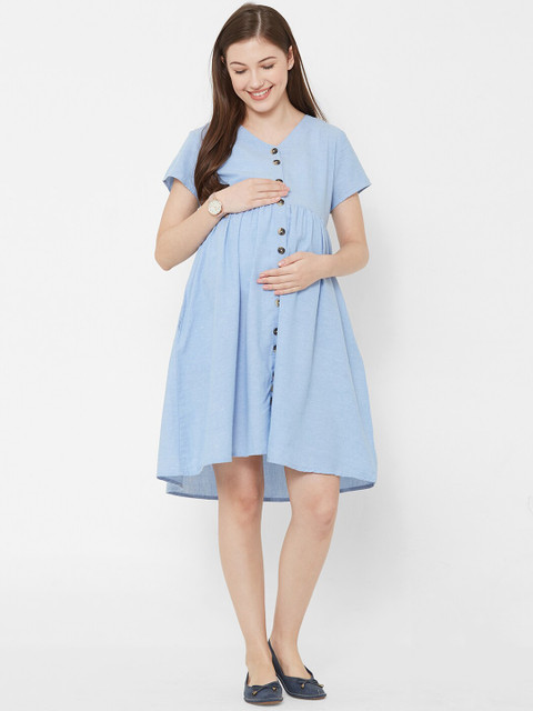 

Mystere Paris Women Blue Solid Maternity Fit and Flare Dress