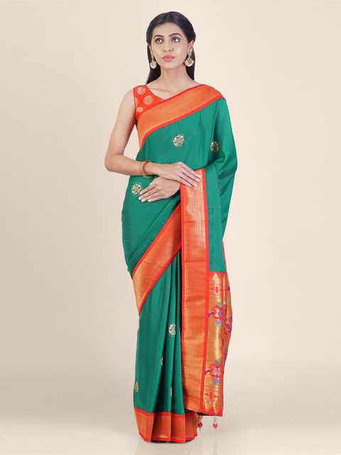 

Hastakala Green & Orange Silk Blend Woven Design Handoom Saree