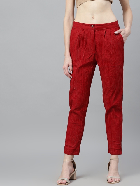 

AKS Couture Women Red Slim Fit Self Design Regular Trousers