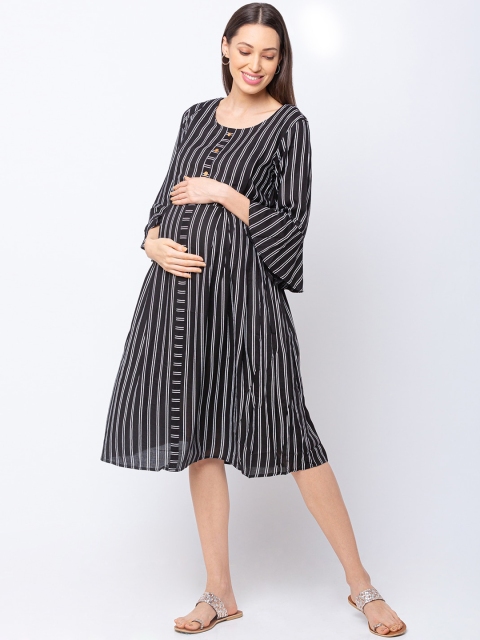 

MomToBe Women Black Striped A-Line Maternity Dress
