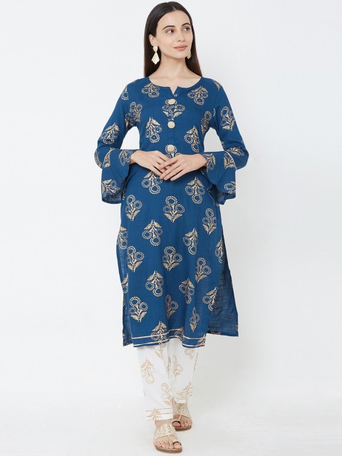 

FASHOR Women Navy Blue & White Foil Printed Kurta with Trousers