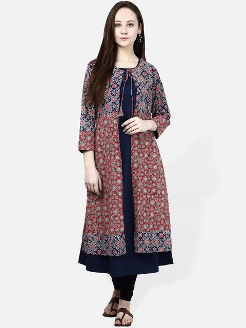 

Molcha Women Navy Blue & Red Printed Anarkali Kurta