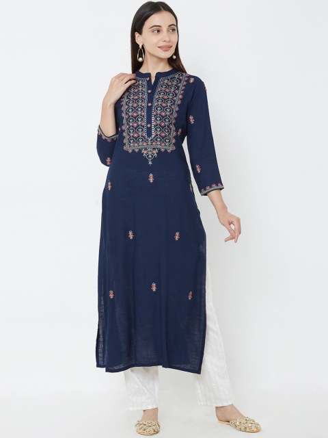 

FASHOR Women Navy Blue Embroidered Anarkali Kurta