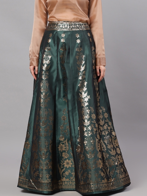 

AKS Couture Women Green & Gold-Toned Jacquard Zari Flared Maxi Skirt