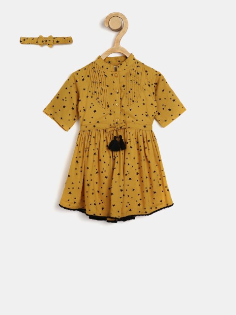

Bella Moda Girls Yellow Printed Fit and Flare Dress with Hairband