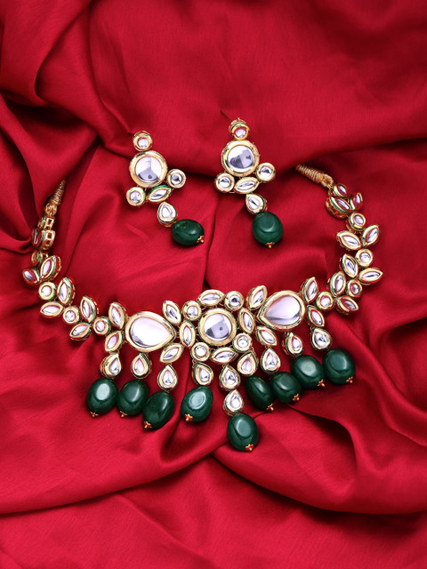 

Yellow Chimes Gold-Plated Green & White Kundan Studded Beaded Handcrafted Jadau Jewellery Set