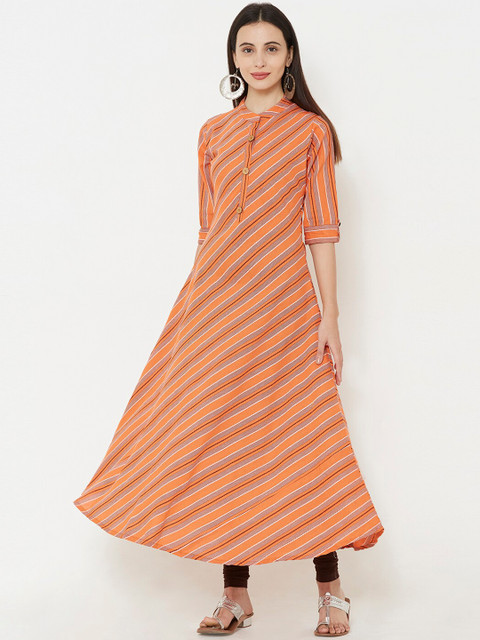 

FASHOR Women Orange Striped A-Line Kurta