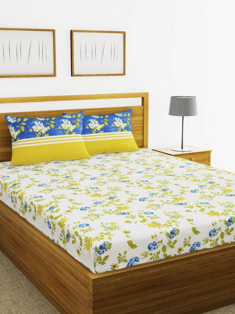 

BIANCA White & Blue Floral 210 TC Cotton 1 King Bedsheet with 2 Pillow Covers