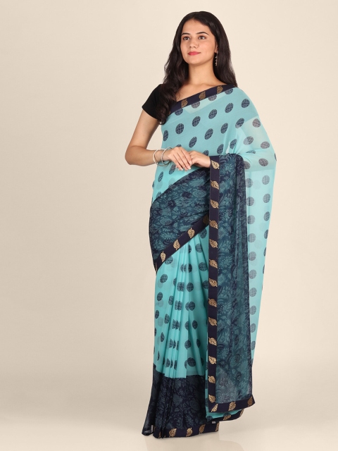 

CLAI WORLD Blue Polka Dot Printed Handloom Poly Georgette Saree