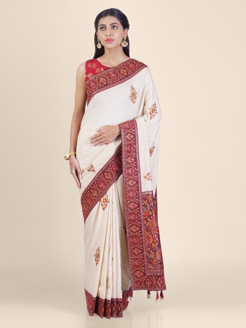 

Hastakala Cream-Coloured & Maroon Pure Silk Embroidered Jamdani Saree
