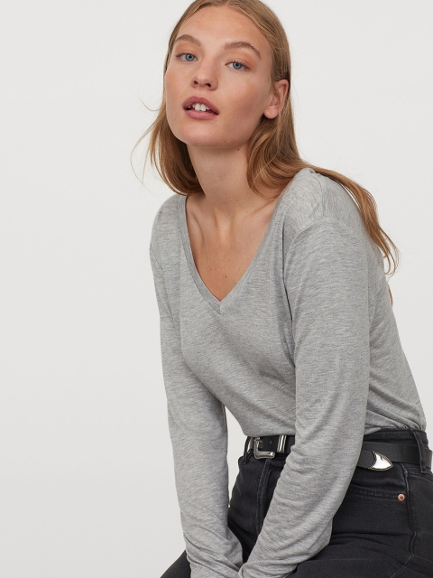 

H&M Women Grey V Neck Jersey Top