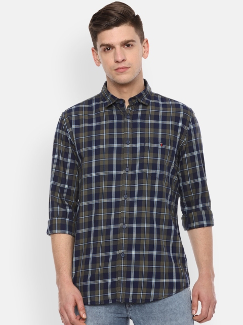 

Louis Philippe Jeans Men Olive Green & Blue Slim Fit Checked Casual Shirt