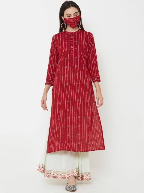 

FASHOR Women Maroon & Beige Striped A-Line Kurta