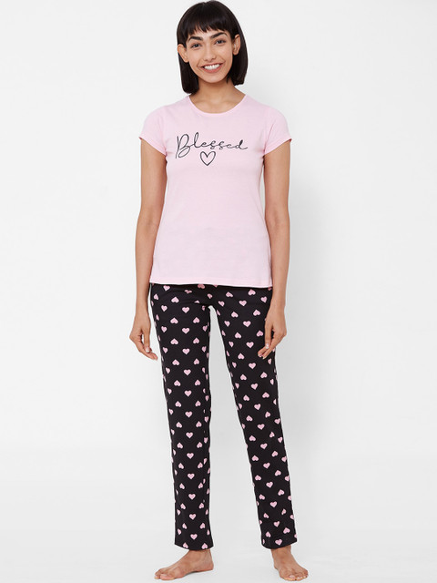 

Sweet Dreams Women Pink & Black Printed Night suit