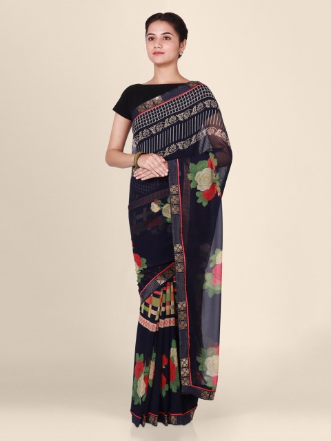 

CLAI WORLD Black & Red Poly Georgette Floral Printed Handloom Saree