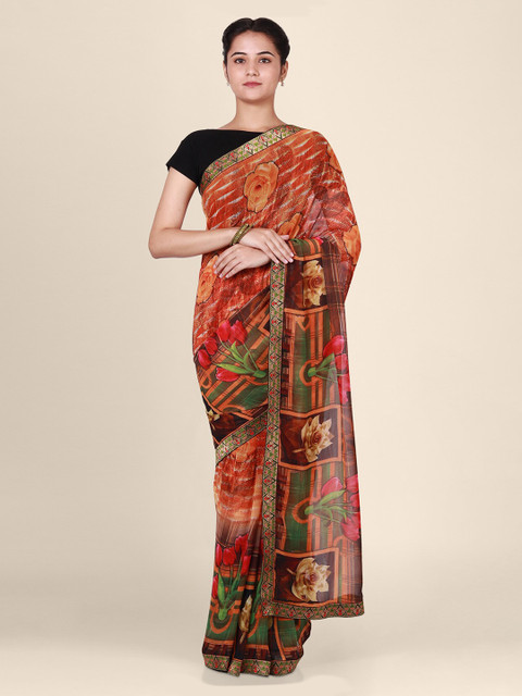 

CLAI WORLD Orange & Brown Poly Georgette Printed Saree