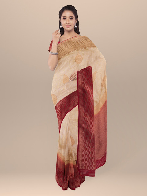 

KLM Fashion Mall Cream-Coloured & Maroon Silk Blend Woven Design Saree
