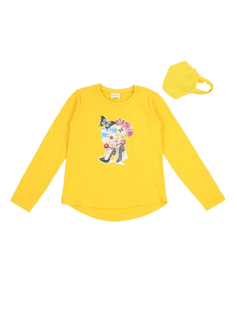 

RAINE AND JAINE Girls Yellow Printed Round Neck T-shirt With 2-Ply Mask