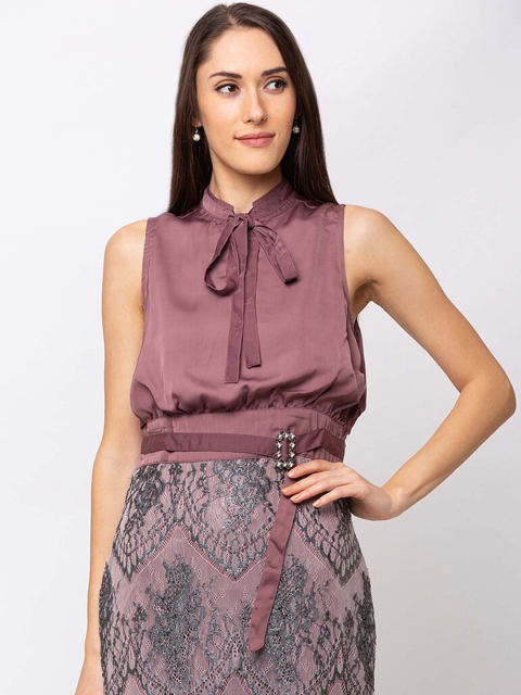 

SHECZZAR Women Mauve & Grey Printed Blouson Dress