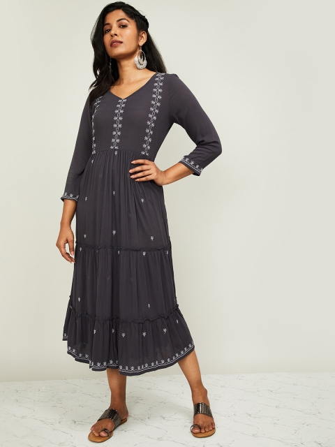 

Colour Me by Melange Women Charcoal Grey Embroidered Fit and Flare Dress