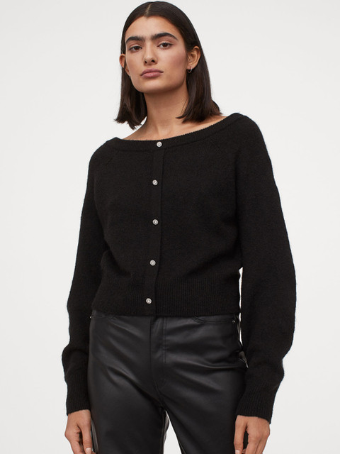 

H&M Women Black Solid Boat-Neck Cardigan