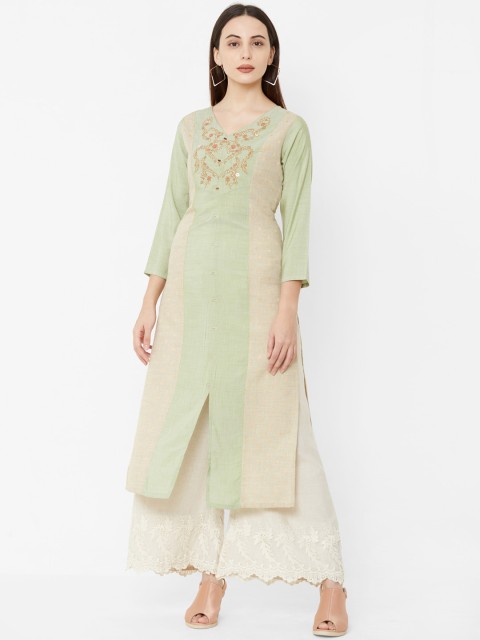 

Os Women Sea Green & Pink Yoke Design A-Line Kurta