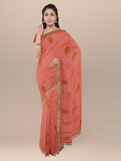 

KLM Fashion Mall Peach-Coloured Embroidered Poly Georgette Saree