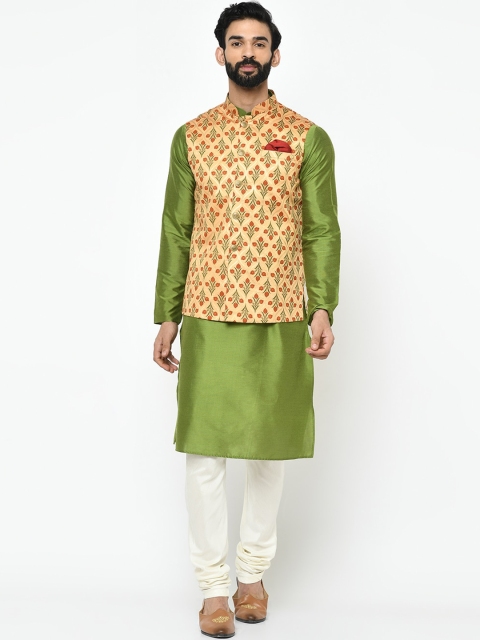 

KISAH Men Green & Off-White Solid Kurta with Churidar & Nehru Jacket