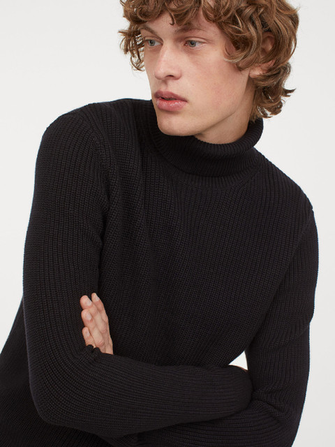 

H&M Men Blue Rib-Knit Polo-Neck Jumper