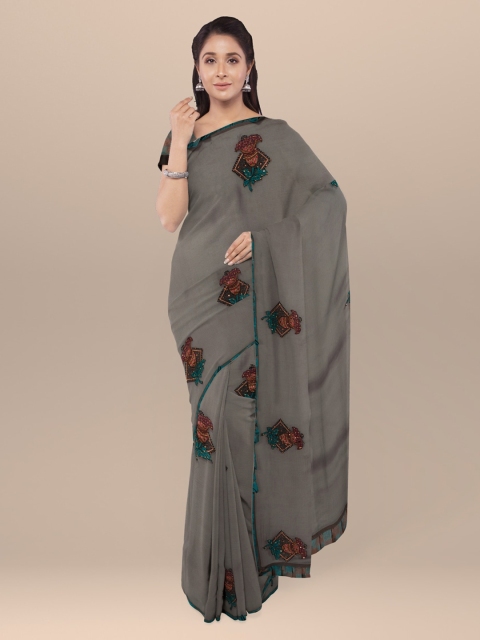 

KLM Fashion Mall Grey Printed Poly Georgette Saree