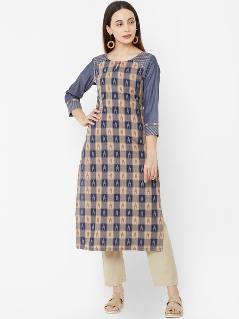 

Os Women Navy Blue & Beige Checked Straight Kurta