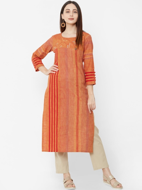 

Os Women Orange & Red Striped A-Line Kurta