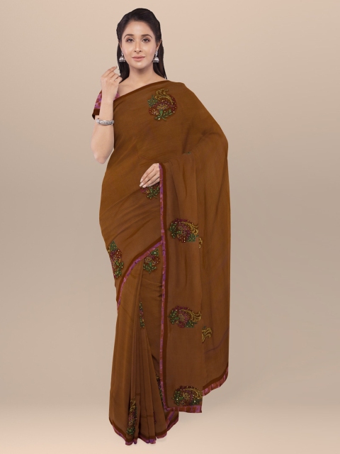 

KLM Fashion Mall Rust Brown Embroidered Poly Georgette Saree