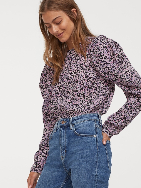 

H&M Women Black Puff-Sleeved Blouse