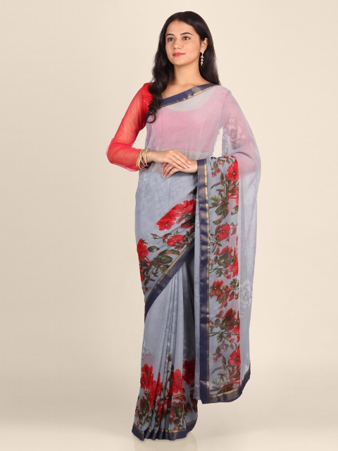 

CLAI WORLD Grey & Red Poly Georgette Floral Printed Saree