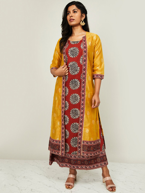 

Melange by Lifestyle Women Mustard Yellow & Maroon Printed A-Line Kurta
