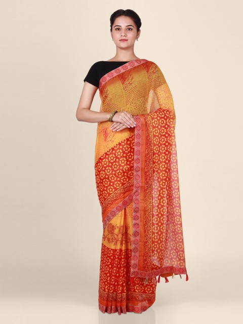 

CLAI WORLD Yellow & Red Poly Georgette Printed Saree
