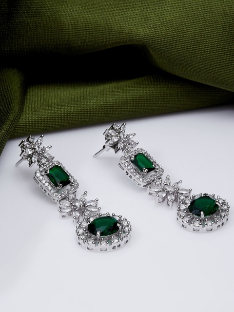 

Luxury By ZeroKaata Silver-Toned & Green Classic Drop Earrings
