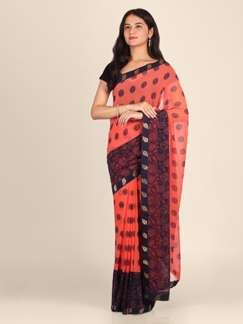 

CLAI WORLD Pink & Navy Blue Poly Georgette Printed Saree