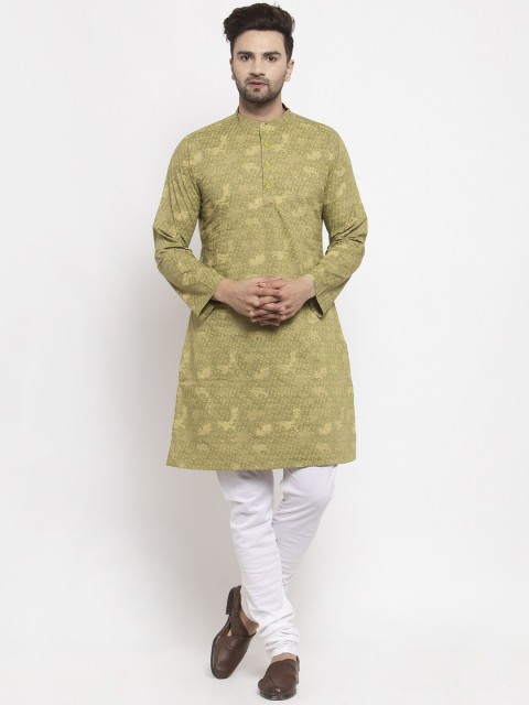 

NEUDIS Men Olive Green & White Printed Kurta with Churidar