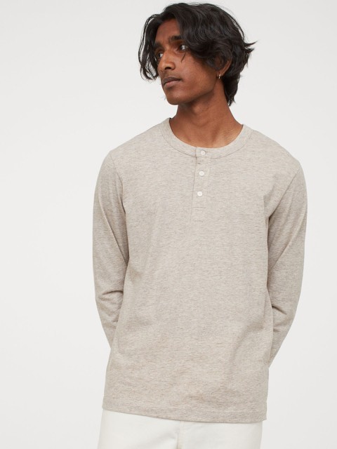 

H&M Men Cream-Coloured Cotton Henley Top