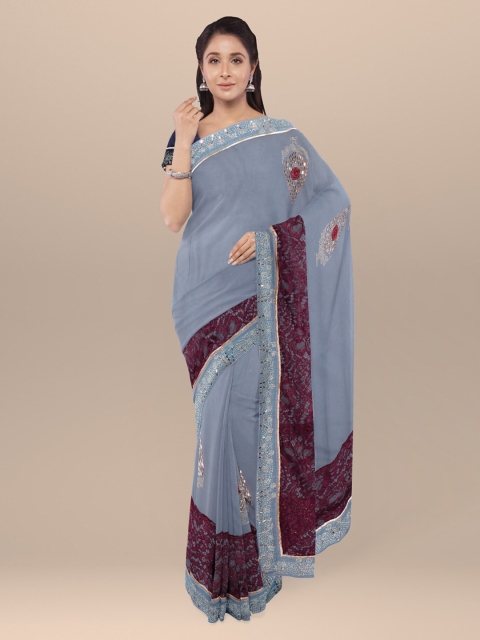 

KLM Fashion Mall Grey Embroidered Silk Blend Saree