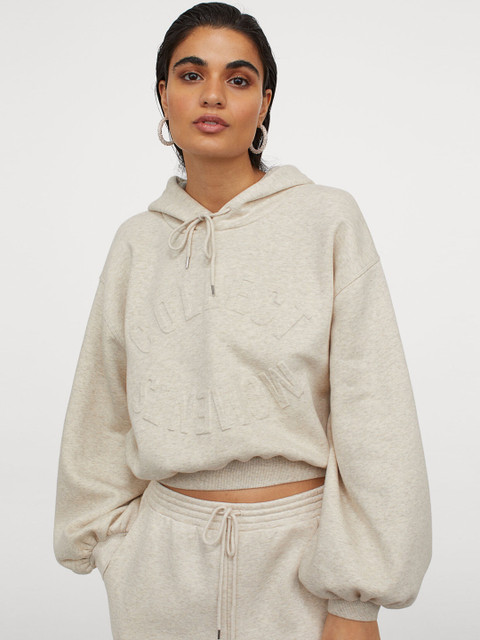

H&M Women Beige Solid Cotton-Blend Sustainable Hoodie