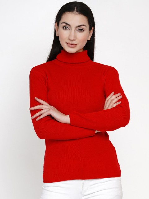 

FABNEST Women Red Ribbed Pullover Sweater