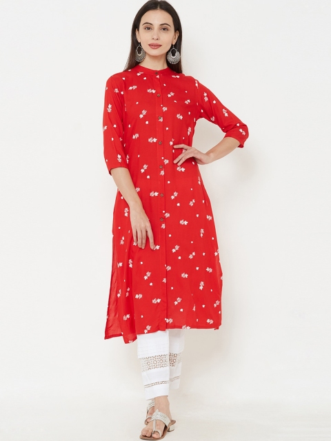 

FASHOR Women Red Autumn Leaf Printed A-Line Kurta