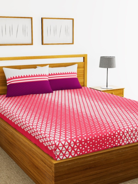 

BIANCA Pink & White Geometric 210 TC Cotton 1 King Bedsheet with 2 Pillow Covers